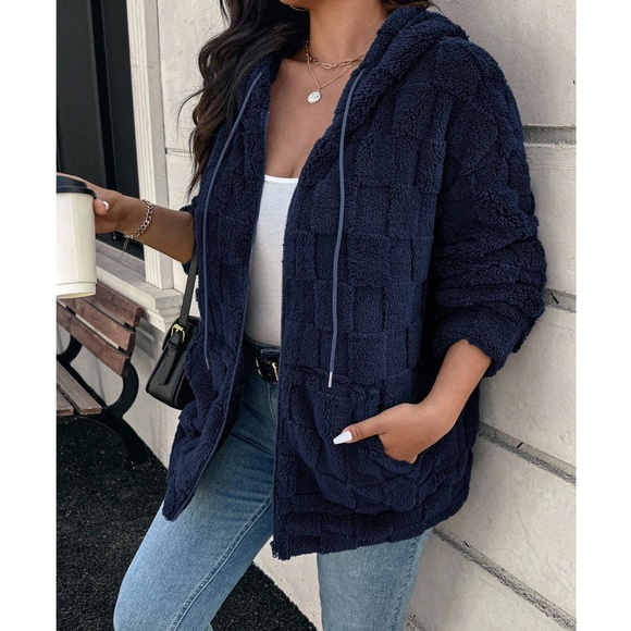 Plus Solid Charcoal Checkered zip up Drawstring Hoodie Jacket - Picture 6 of 10